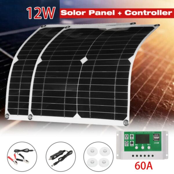 12W Solar Panel Kit 60A 12V Battery Charger with Controller Caravan Boat
