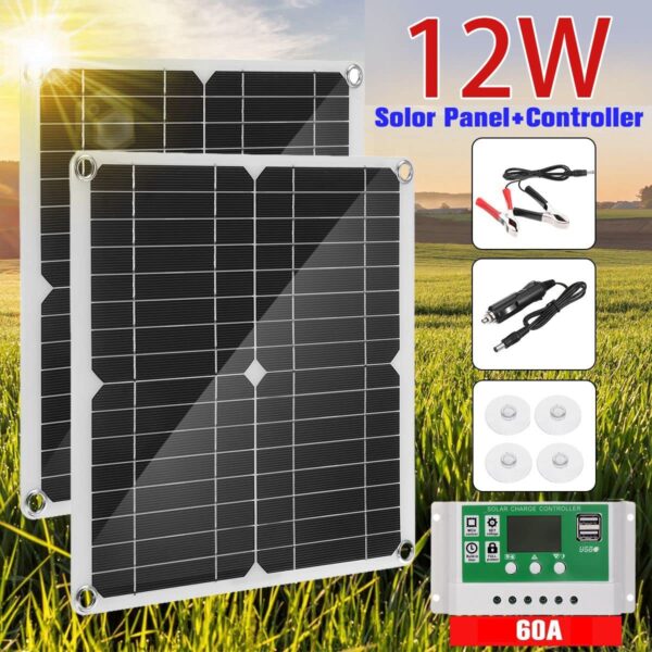12W Solar Panel Kit 60A 12V Battery Charger with Controller Caravan Boat