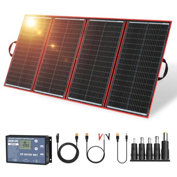 DOKIO 300W Portable Solar Panel Kit Foldable Solar Charger for 12V RV Car Marine Battery+18V DC Output for Portable Power Station,Smart LCD Controller with 2 USB for Cell Phone
